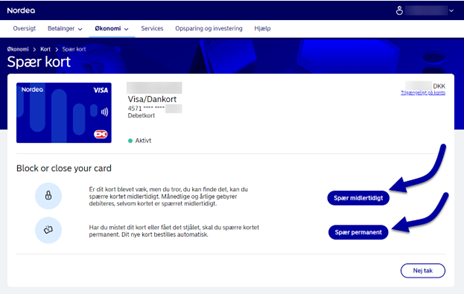 Spærring af kort - netbank 3